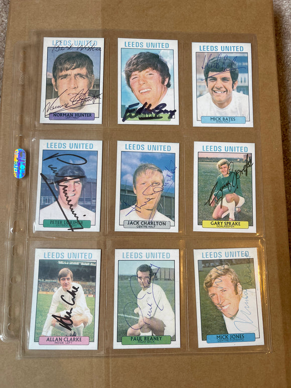 Revie team Leeds United signed trade cards x 9 Charlton, Lorimer +