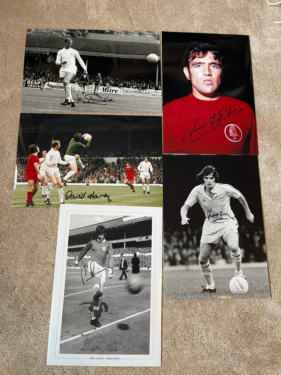 5 x Revie player signed photos Hunter, Charlton Lorimer +