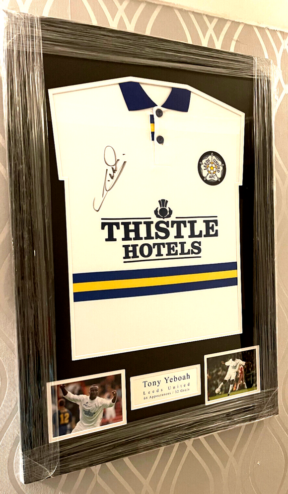 Framed Tony Yeboah hand signed iconic 1994 Home Shirt Leeds United